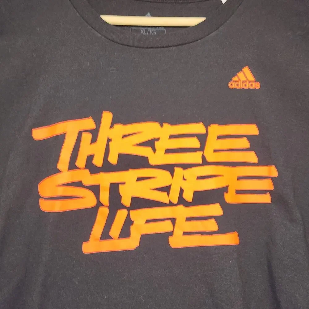 Adidas Mens XL Black Graphic T Shirt Three Stripe Life Orange Logo Tee